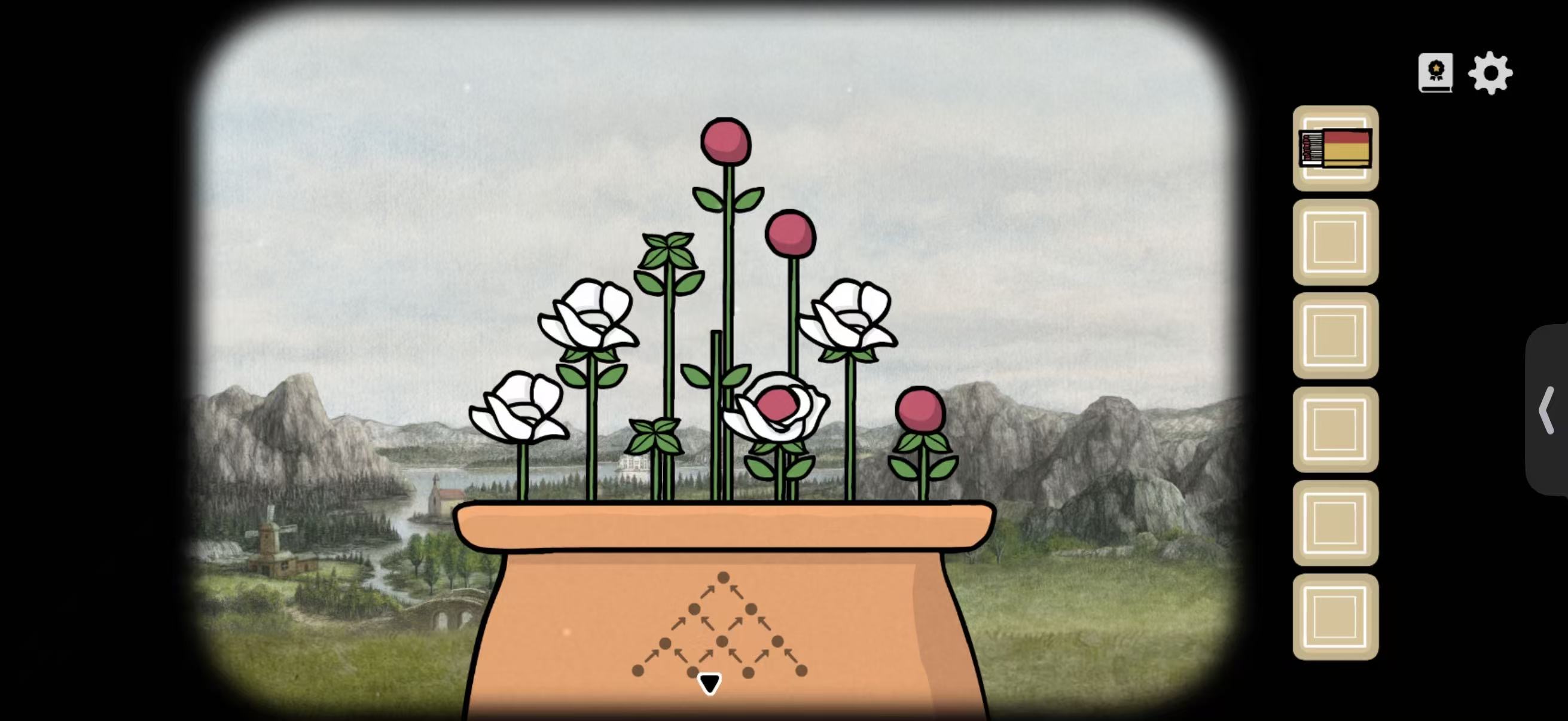 Original in-game Servant of the Lake flower pot puzzle showing pink buds and white flowers